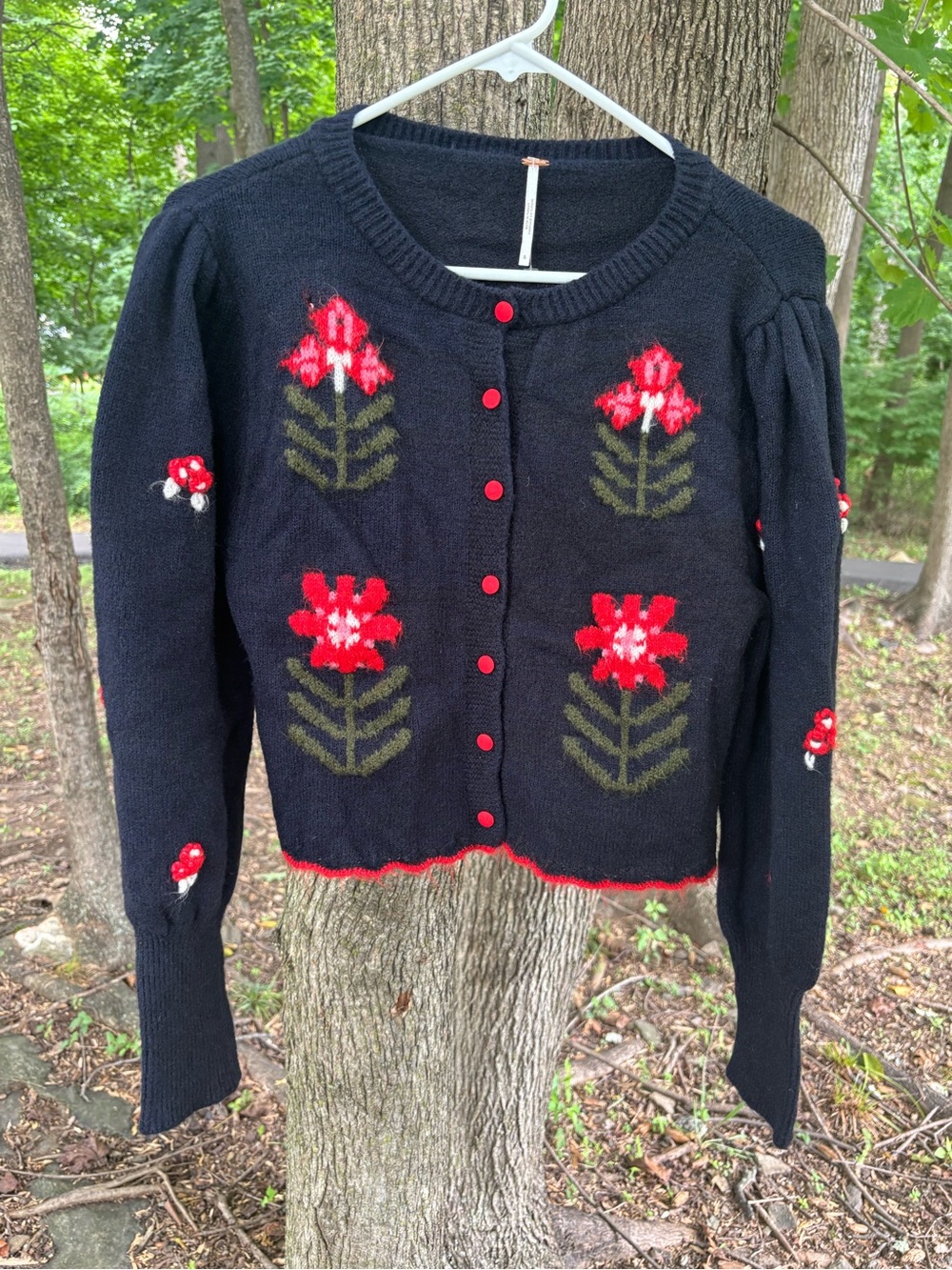 Free People Navy Floral Knit Button-Front Cardigan with Red Accents - Picture 2 of 9